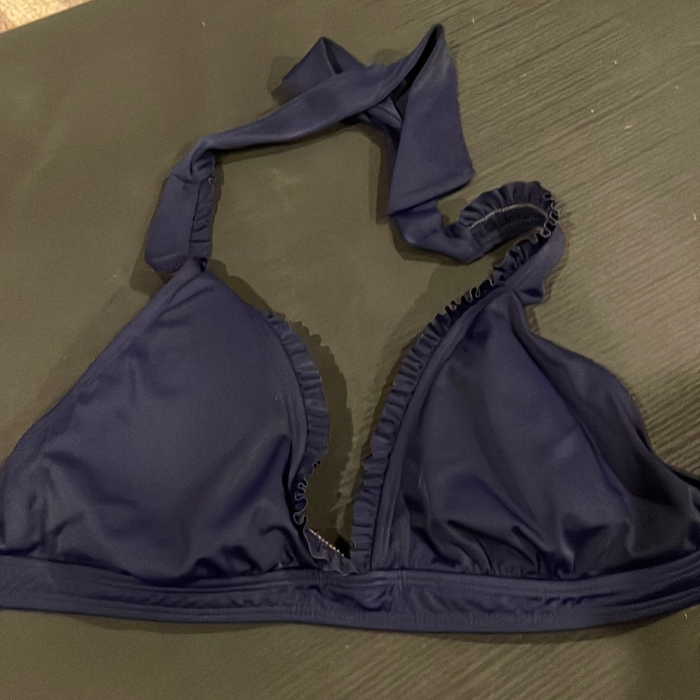 Aerin Navy Halter Bikini Top 32DD Ruffle Trim Swim Top Supportive